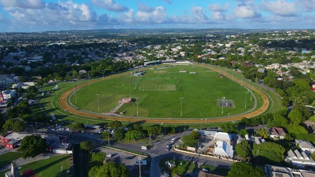 Garrison Savannah aerial view in city of Bridgetown, Saint Michael, Barbados. Historic Bridgetown and its Garrison is a UNESCO World Heritage Site since 2011. 