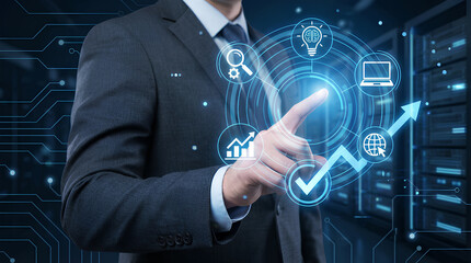 Businessman Interacting with Futuristic Digital Interface Showcasing Business Growth, Innovation, and Data Management in a Technology-Driven Environment for Success and Strategy.