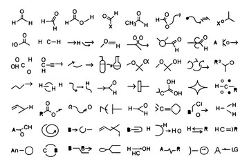 Chemical structures and symbols of various elements, illustrating complex scientific concepts and interactions