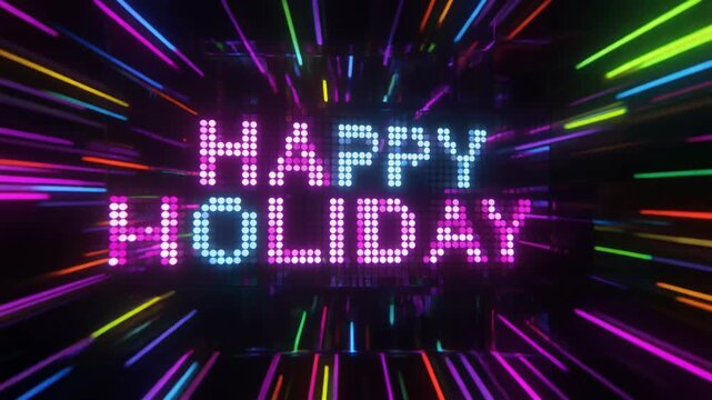 Vibrant RGB Pixel Lights Illuminate "Happy Holiday" Text with Neon Glow and Animated Streaks