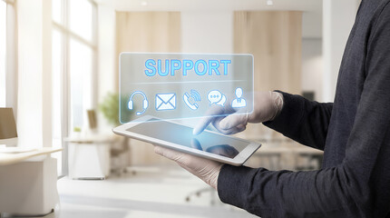 Person interacting with a digital tablet displaying a holographic 'SUPPORT' interface, featuring various customer service contact options in a modern office setting.