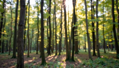 Fototapeta premium Lush forest with sunlight filtering through vibrant green leaves.