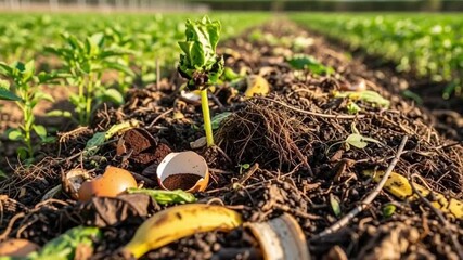 Young plant growing in fertile soil with organic compost and natural debris in a lush garden - Powered by Adobe