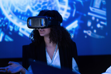 Young woman experiences virtual reality technology in a futuristic setting with digital visuals