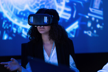 Engaging in virtual reality experience in a trendy tech space