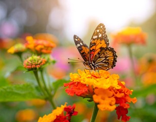 Obraz premium A butterfly with orange and black wings perches on vibrant, colorful flowers