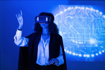 Engaging in virtual reality exploration with advanced technology in a modern setting