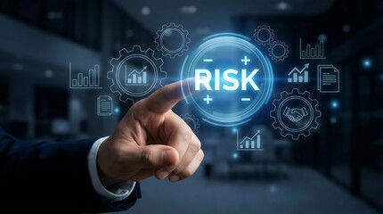 Businessman's hand pointing to a glowing 'RISK' button on a futuristic digital interface for strategic management and data analysis.