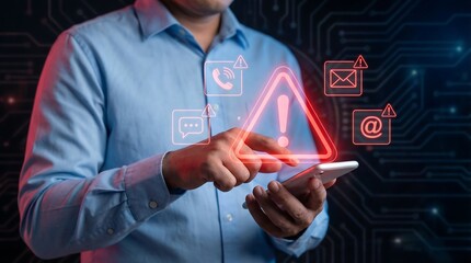 Man holding a smartphone with glowing digital warning icons for alerts, notifications, and potential security threats appearing around him.
