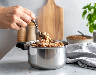 A hand scoops cooked grain from a pot, kitchen background