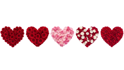 Five heart shapes made of roses in various shades of red and pink on transparent background