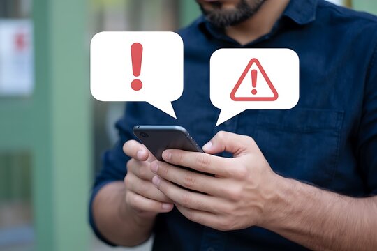 Cybersecurity threat from fake email and SMS alerts on smartphone, with red warning icons indicating phishing messages, identity theft risk, and online fraud targeting mobile users - Powered by Adobe