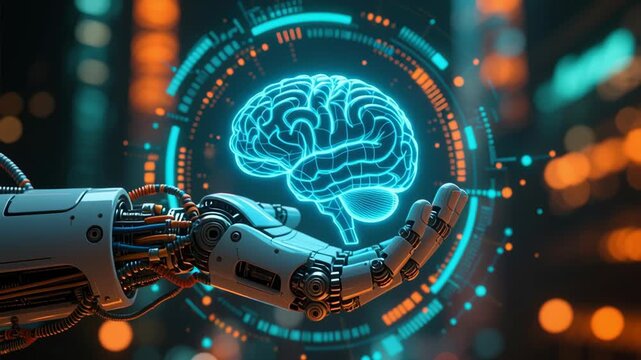 Technology digital interface generative ai machine learning automate tasks chatbot concept with glowing brain hologram robotic hand futuristic background neon cyberpunk city night scene holographic
