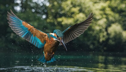 Common Kingfisher Bird in Flight Over Water, Mid-Dive with Wings Spread and Water Droplets Splashing Around