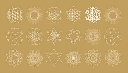 Collection of sacred geometry symbols, including Flower of Life, Seed of Life, and Star of David, on a golden background.