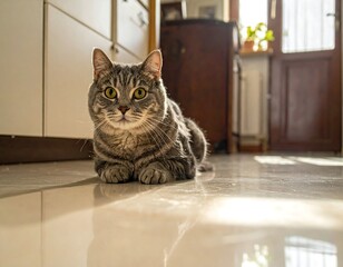 A striped tabby cat lies on a shiny floor, looking directly at the camera