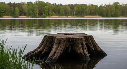 Solitary tree stump standing steadfastly amid the lake's serene reflections offering tranquility