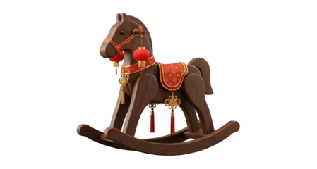 a Chinese-style wooden rocking horse decoration, often used for Lunar New Year celebrations, particularly during the Year of the Horse