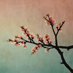 Peach blossom branch silhouette, soft pastel background