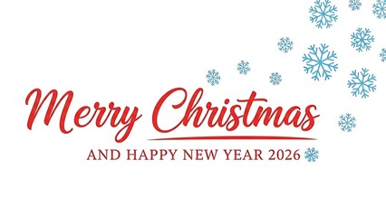Fototapeta premium Festive merry christmas and happy new year 2026 greeting card design with falling blue snowflakes
