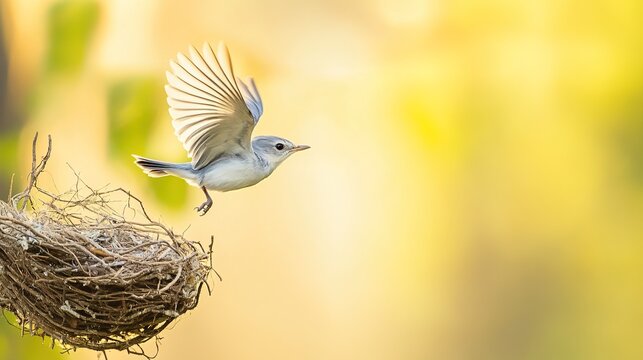 phonology. A young bird's first flight from the nest during the golden morning light. wildlife magazines, conservation campaigns, designed for nature documentaries and education.