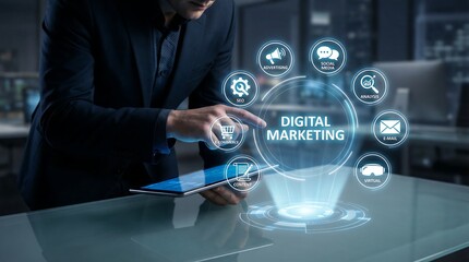 Professional interacting with a futuristic holographic digital marketing interface, showcasing modern online business strategy, advertising, and e-commerce technology for global brand promotion.