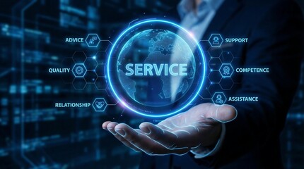 Human hand presenting a futuristic holographic interface displaying the word 'SERVICE' surrounded by essential attributes like support, quality, and competence for global business solutions.