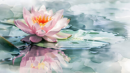 watercolor macro lotus flower on calm pond