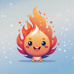 Cute cartoon fire character with a happy expression and small hearts.