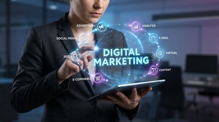 Professional interacting with a glowing digital marketing hologram, displaying concepts like SEO, social media, advertising, and e-commerce. A modern visual for business strategy and online growth.