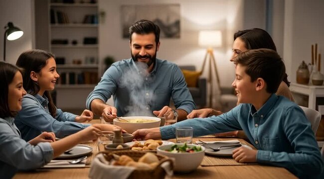 Family gathered around dinner table.