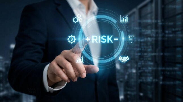 Businessman meticulously manages complex financial risks, interacting with an innovative holographic display for strategic data and business metrics in a high-tech server environment. - Powered by Adobe