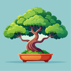 Cartoon bonsai tree in orange pot with green leaves on a blue background.