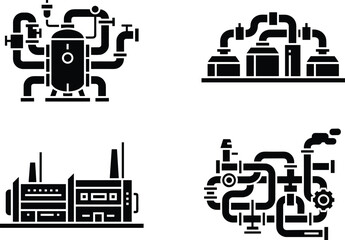 Industrial factory machine and pipeline system flat icons collection for manufacturing and refinery