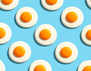 Overhead shot of sunny-side-up eggs forming a pattern on a blue backdrop
