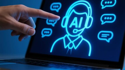 Technology digital interface generative ai machine learning automate tasks chatbot glowing neon support icon laptop screen modern customer service innovation and communication concept dark office - Powered by Adobe