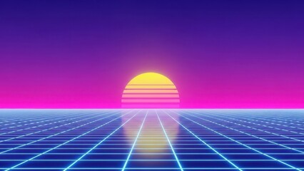 Vibrant neon sunset over futuristic grid landscape