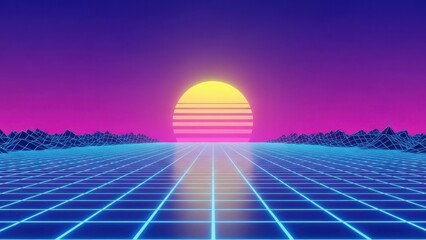 Neon sunset on a futuristic grid landscape with pink and purple sky