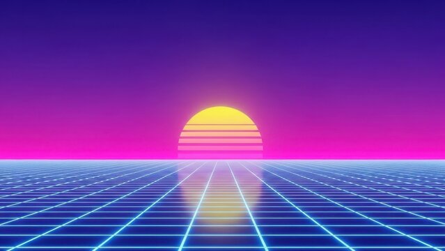 Vibrant neon sunset over futuristic grid landscape - Powered by Adobe