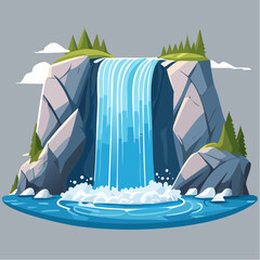 Cartoon illustration of a waterfall cascading over rocks into a pool of water.