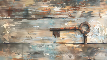 watercolor macro old rusty key on wooden