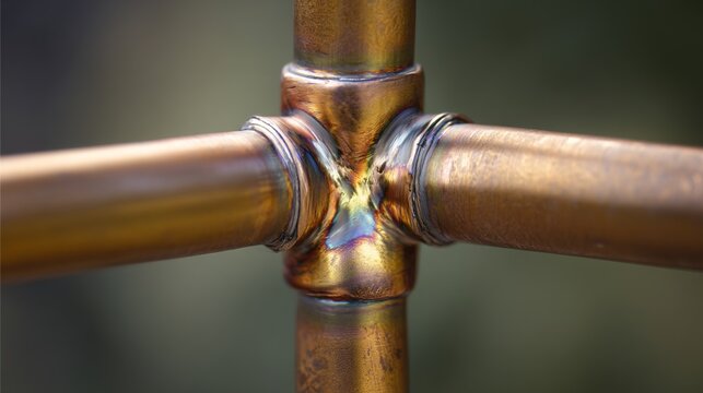 brazed. Close-up of a copper pipe joint with a shiny brazed seam and oxidation. safety posters, maintenance manuals, designed for industrial assembly lines and welding operations, used by engineers.