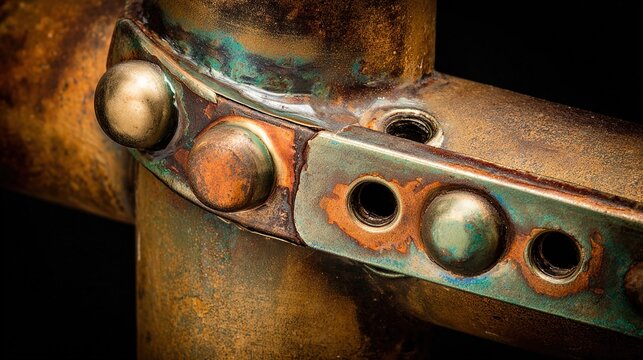 brazed. Close-up of a copper pipe joint with a shiny brazed seam and oxidation. safety posters, maintenance manuals, designed for industrial assembly lines and welding operations, used by engineers.