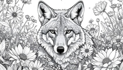 Black and white illustration of a wolf emerging from a field of daisies and other flowers, looking at viewer