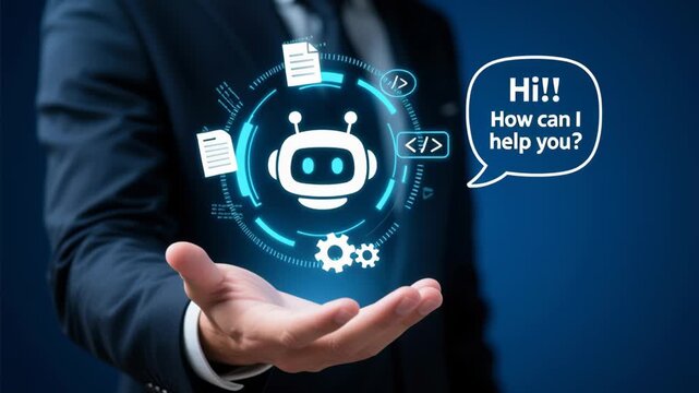 Technology digital interface generative ai machine learning automate task chatbot friendly support concept with glowing hologram and businessman hand offering modern help for seamless workflow