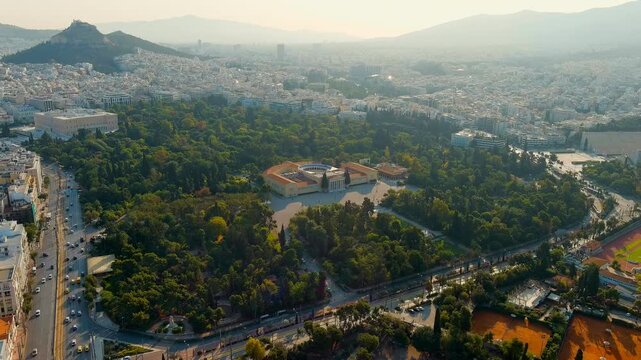 Athens, Greece. Zappion is a building in the classical style. Built by the Austrian architect Theophil von Hansen (1813 - 1891). Zappion completed in 1888. Drone footage, Point of interest