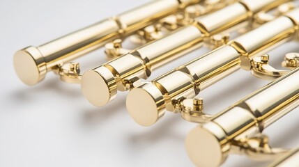 oligarchy. Brass instrument keys and tubing in geometric detail, studio lighting. product launch decks, UI/UX mockups, designed for product launches and innovation pitches.