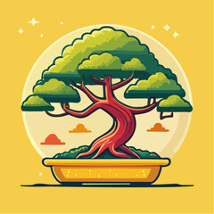 Cartoon illustration of a bonsai tree in a yellow pot against a yellow background.