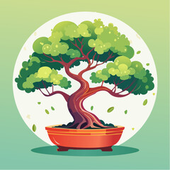 Stylized bonsai tree with green leaves in a red pot against a light green background.