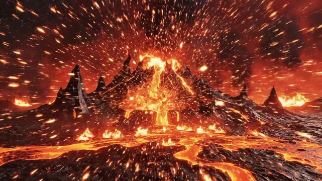 Fiery landscape with molten waterfalls  explosions